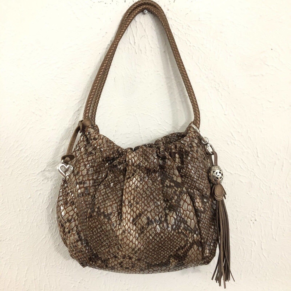 Brighton Brown Tan Leather Snakeskin Braided Straps Magnetic Shoulder Bag Purse